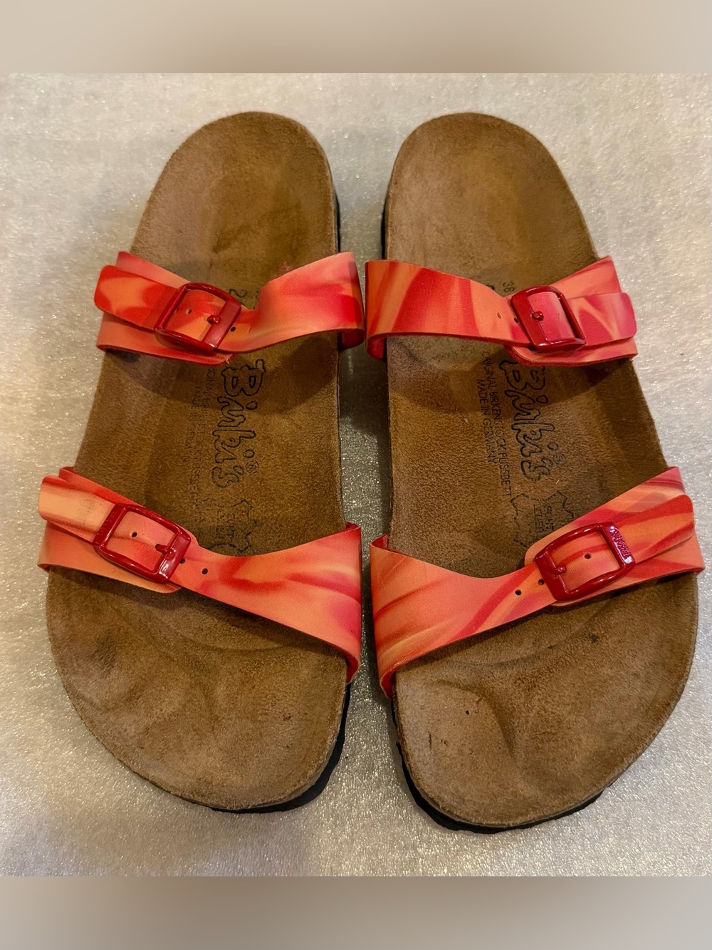 Birkis by Birkenstock Women's Red and Orange Striped Two‑Buckle Sandals